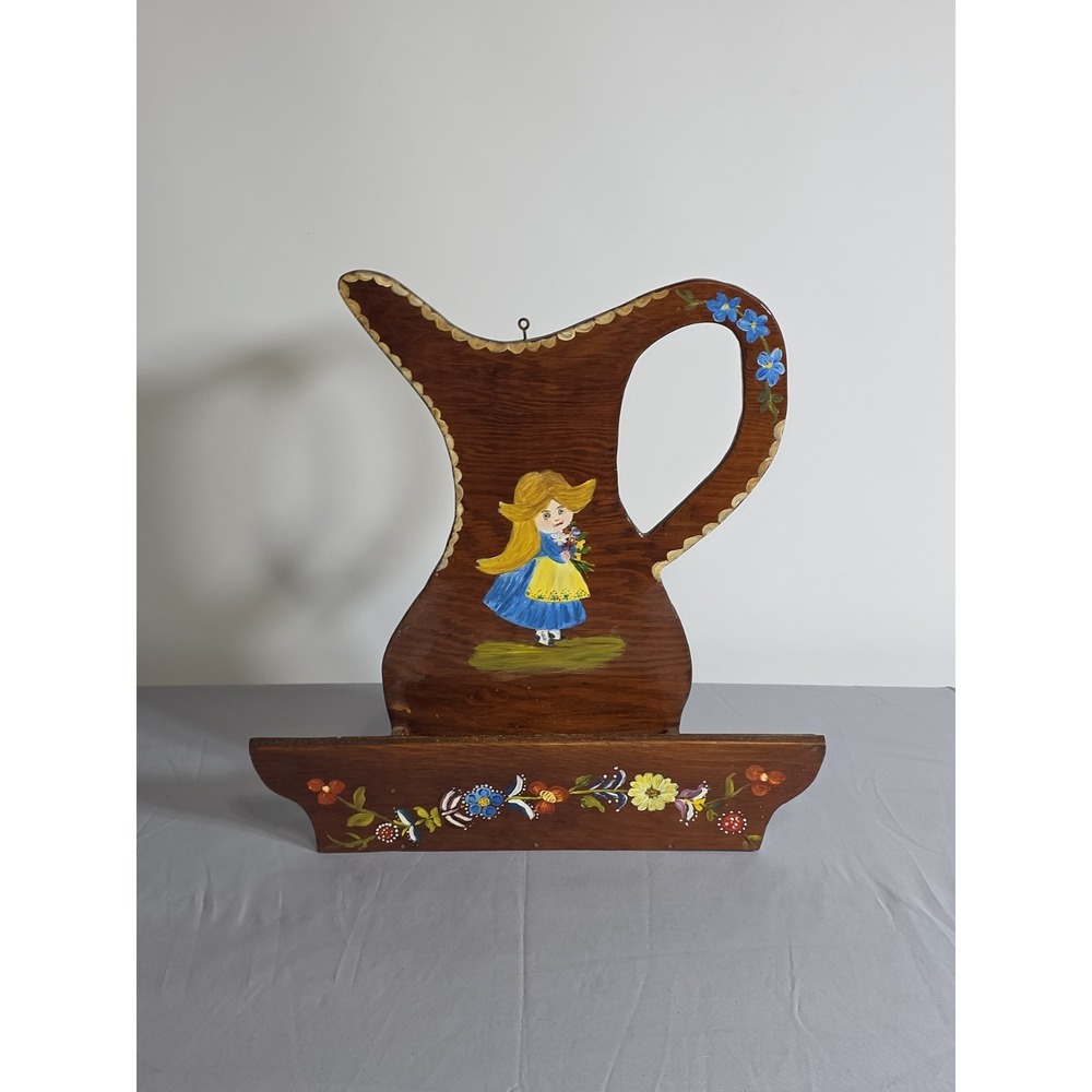 Vintage Hand Painted Wooden Wall Shelf Rack Folk Art Girl Floral Hanging Display